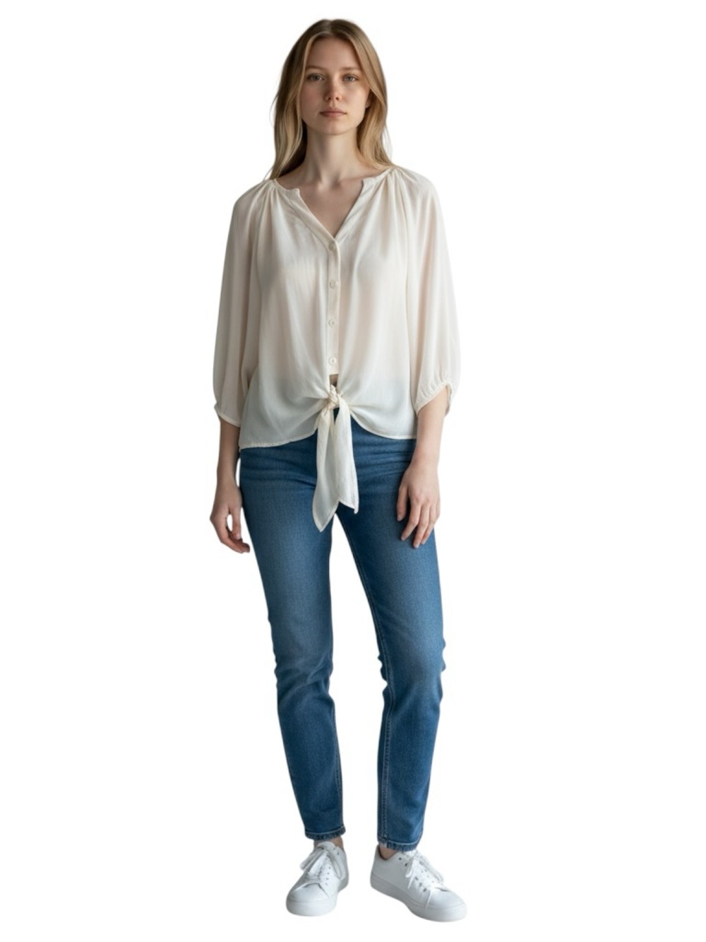 Tie Front Women’s Button-Up Blouse in Cream Size Small